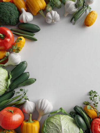 Colorful low-poly 3D model displays an assortment of fresh vegetables such as tomatoes, peppers, and garlic on a bright white surface, enhancing their appeal.の素材