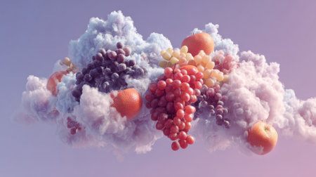 A stunning cloud of vapor filled with vibrant fruit evokes a dreamlike quality, seamlessly blending colors and textures in this surreal composition.の素材