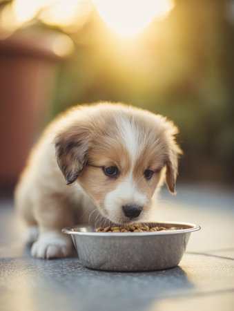 A playful puppy eagerly eats grain-free food from a bowl, bathed in warm sunlight, with a soft sun flare adding to the charming ambiance of the moment.の素材