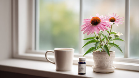 Echinacea plant with pink flowers sits in a pot on a windowsill next to a vitamin bottle and a mug, creating a peaceful and inviting setting.の素材
