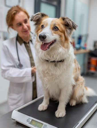 Dog sits proudly on clinic scale as veterinarian offers praise during a routine checkup in a well-lit veterinary clinic.の素材