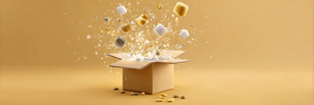 A cardboard box opens, releasing pet food cubes and sparkling freshness icons in a cheerful yellow background, emphasizing the products appeal and quality.の素材