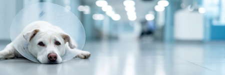 A dog lies peacefully on the clinic floor wearing a recovery cone, surrounded by a bright and welcoming interior, while the day carries on around it.の素材