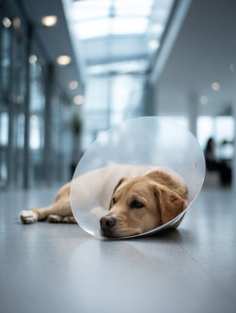 A dog wearing a recovery cone is lying peacefully on the floor of a bright clinic, surrounded by a calming environment during recovery time.の素材