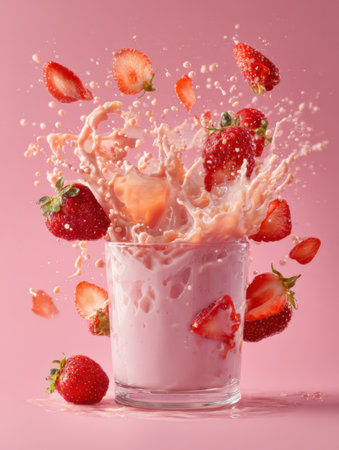 A delightful burst of strawberry milk with fruit slices splashing around in a playful, vibrant scene that captures the joy of summer flavors and fun.の素材