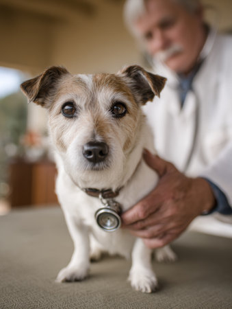 An elderly dog is getting a joint examination on a mat under soft natural lighting while a veterinarian provides care during a routine check-upの素材