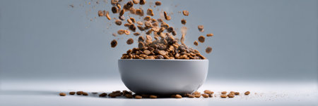 Dry food is captured mid-air as it pours into a bowl, showcasing an energetic motion against a light background, emphasizing texture and movement.の素材