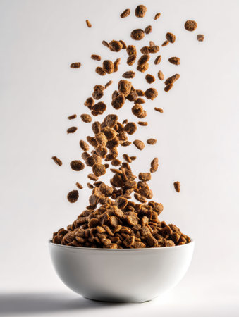 Dry food is shown pouring mid-air into a bowl, showcasing a dynamic motion against a light backdrop. This creates a sense of energy and liveliness.の素材