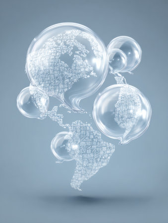 Floating language translation bubbles encircle a globe icon, symbolizing global connectivity and communication between diverse cultures in a clean environment.の素材