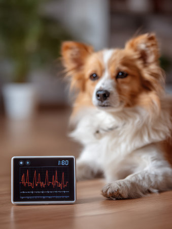 A digital heart monitor shows the heart rate of a relaxed dog in a veterinary clinic, highlighting the modern technology used for animal care.の素材