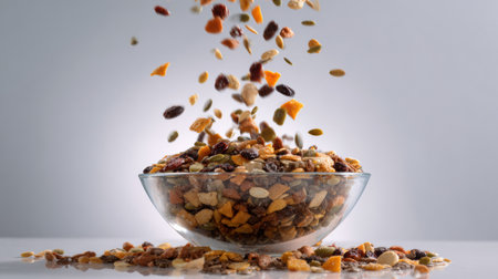 Dry food is pouring into a transparent bowl, captured in mid-air with an illuminated background highlighting the colorful mix of ingredients.の素材