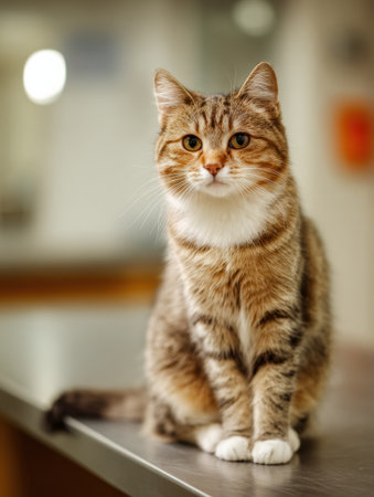 A calm cat sits on an examination table in a softly lit veterinary room, surrounded by an empty background, showing ease and comfort during the check-up.の素材