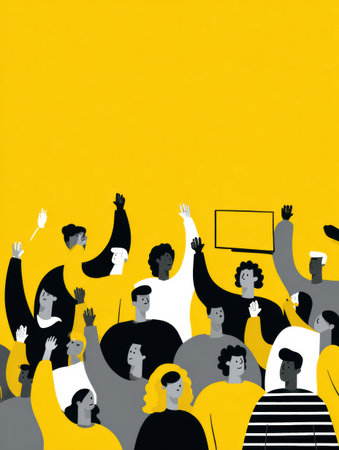 A diverse group of avatars displays enthusiasm while interacting with a live digital broadcast, showcasing excitement and engagement in a colorful environment.の素材