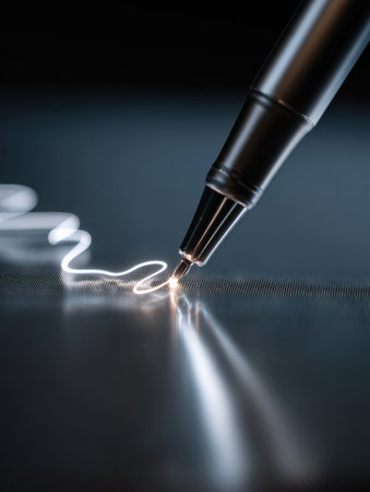 A digital pen glides across a tablet surface, leaving a light trace as it writes. The upper area remains blank, allowing for personalized content creation.の素材