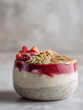 Colorful layers of fruits and yogurt create a visually appealing smoothie bowl topped with nut butter and granola, perfect for a nutritious breakfast meal.の素材