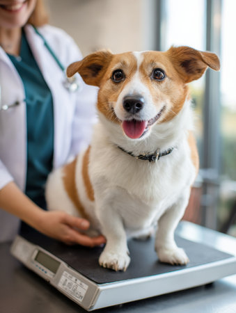 A happy dog sits on a clinic scale as a veterinarian offers praise, showcasing a warm interaction in a modern veterinary setting filled with light.の素材