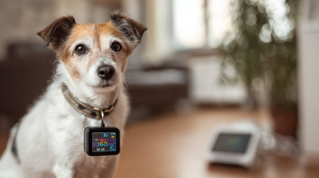 A heart monitor designed for animals showcases vital signs in a veterinary setting, featuring a clear modern interface and a focused canine subject.の素材