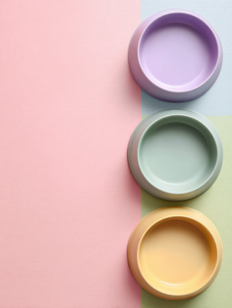 Three stylish pet bowls in pastel colors sit on a soft, colored background, creating a cheerful and inviting area for pets during mealtime.の素材