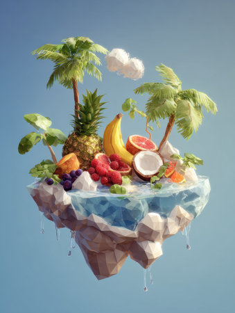 A whimsical low-poly 3D design features a floating island overflowing with tropical fruits, palm trees, and sparkling water, conveying a sense of paradise.の素材