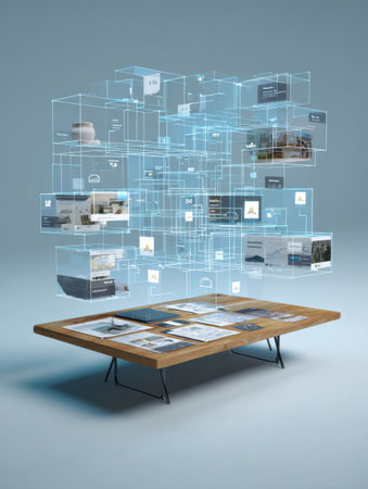 Digital communication platforms are visually represented as interconnected boxes above a minimalistic wooden table in a contemporary office setupの素材