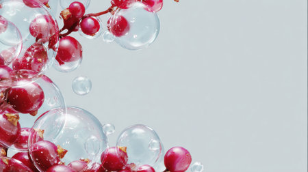 Bubbles encase luscious berries in a futuristic design, creating a striking visual contrast against a minimalist backdrop with ample empty spaceの素材