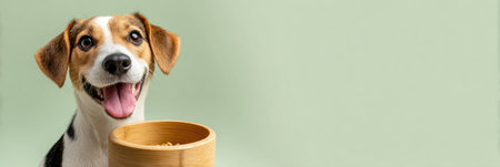 A cheerful dog delights in eating from an eco-friendly bamboo bowl placed against a soft pastel background, creating a joyful and serene atmosphere.の素材