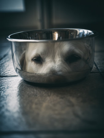 A dogs face is mirrored in a shiny stainless bowl while the blurred floor adds depth, creating a peaceful indoor atmosphere at an unknown time.の素材