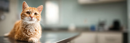 A calm orange cat sits on a veterinary examination table with soft lighting, surrounded by a minimalist background in a quiet clinic setting.の素材