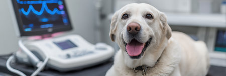 A friendly dog lies calmly on an examination table during an ultrasound scan in a professional veterinary room under bright lighting.の素材