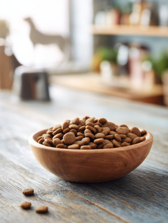 A bowl filled with dry dog food rests on a rustic kitchen table, showcasing a clean and inviting space that suggests pet-friendly living.の素材