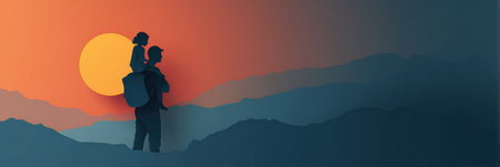 Silhouette of a father lifting his child on shoulders against a vibrant sunrise over mountainous terrain, creating a heartwarming moment.の素材