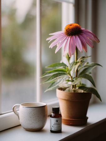 A vibrant echinacea plant sits in a terracotta pot on a sunny windowsill beside a calming mug and a vitamin bottle, promoting a cozy and serene vibe.の素材