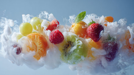 A vibrant cloud of fruit-infused vapor drifts effortlessly, featuring an array of strawberries, kiwi, oranges, and more, creating a surreal visual experience.の素材