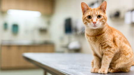 Ginger cat sitting calmly on a table in a veterinary examination room, illuminated by soft lighting, with an empty background that enhances tranquility.の素材