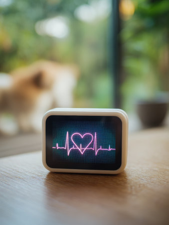 Digital heart monitor shows an animals heartbeat with a vibrant display while a blurred dog figure is visible in the background, enhancing the atmosphere.の素材