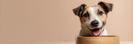 A joyful dog eagerly eats from an eco-friendly bamboo bowl set against a soft pastel background, creating a cheerful and pleasant atmosphere.の素材
