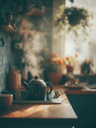 In a charming kitchen, a pot of herbal tea steams gently on the counter, accompanied by blooming flowers, exuding warmth and tranquility throughout the space.の素材
