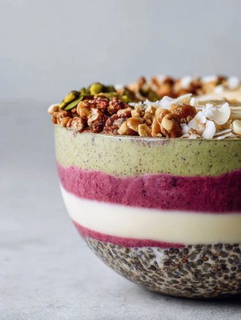Savor a beautifully arranged layered smoothie bowl featuring various colors and textures, topped with nuts and seeds in a stylish environment.の素材