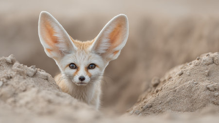 Fennec fox with prominent ears curiously peering from sandy terrain under bright sunlight, showing its unique features and desert environment.の素材