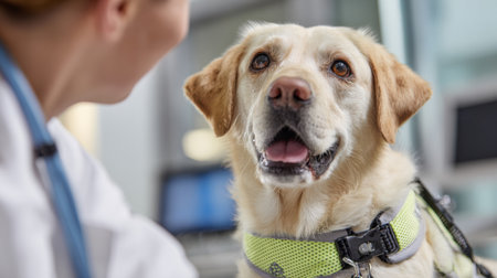 A dog sits peacefully in a veterinary clinic, wearing an anxiety vest while being comforted by a vet, promoting a sense of safety and care.の素材