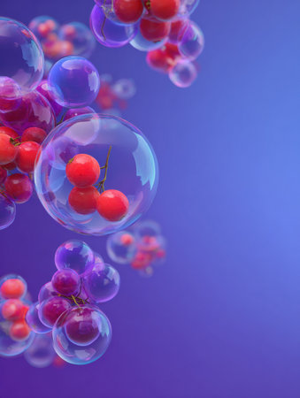 Bubbles filled with bright berries drift through a serene space, showcasing a striking contrast against an empty blue backdrop, evoking a sense of wonder.の素材