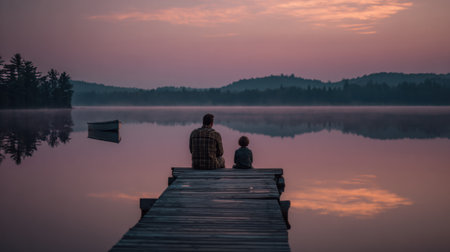 Father and teenage child sit on a dock, enjoying a tranquil moment together as the sun sets over the calm water, creating beautiful reflections.の素材