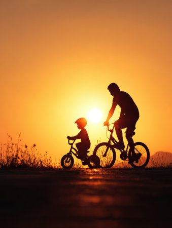 A father supports his child as he learns to ride a bike against a beautiful sunset backdrop, creating a memorable moment of growth and bonding.の素材