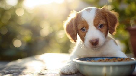 Adorable puppy eating grain-free food with bright sun flare in the background, creating a warm and inviting atmosphere perfect for a banner design.の素材