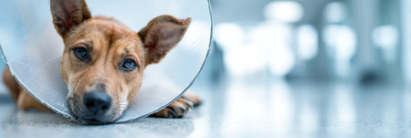 Dog wearing a recovery cone lies peacefully on the floor in a bright clinic, enjoying a quiet moment of rest and comfort during recovery.の素材