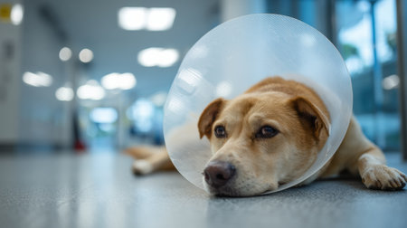 A dog lies peacefully on the floor of a bright clinic, wearing a recovery cone, enjoying a moment of rest in a healing environment.の素材