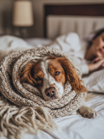 A loyal dog snuggled in a thick scarf lies next to its sick owner in bed, providing comfort in a warm-toned, tranquil atmosphere.の素材