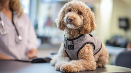 A dog wearing an anxiety vest sits on a table while a veterinarian provides comfort in a clinic. Soft lighting enhances the reassuring atmosphere for the pet.の素材