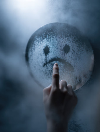 A sad face is sketched in a foggy mirror, symbolizing sickness and emotional struggle, while the top stays clear and untouched.の素材