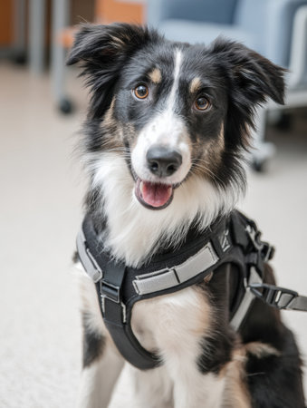 Dog in a harness participates in post-surgery mobility training indoors, showing adaptability and recovery efforts in a clinical setting.の素材